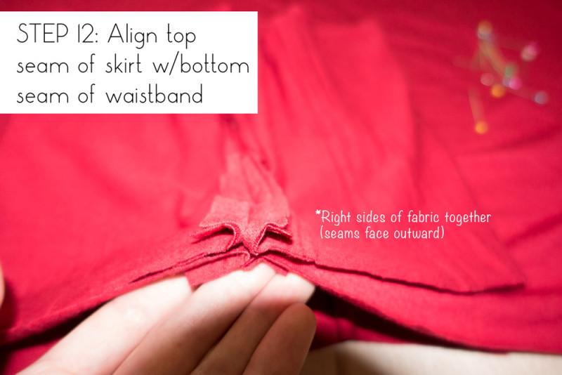 Step 12: Align top seam of skirt with bottom seam of waistband