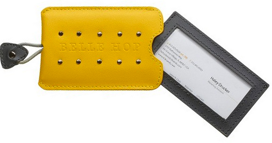 Yellow leather studded business card holder luggage tag