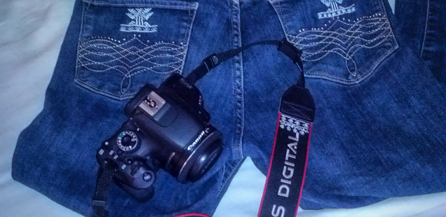 Custom embroidered jeans and camera strap by the Red Dao women