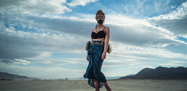 Burning man women's outfit 2014 with flowing skirt, dust mask and goggles