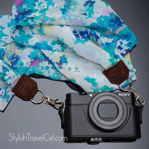 handmade luxury floral silk scarf camera wrist strap by Stylish Travel Girl